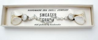 Hand Made Sea Shell Sweater Clip Guard With Pearl Chain Silver Tone Vintage Nib