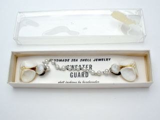 Hand Made Sea Shell Sweater Clip Guard with Pearl Chain Silver Tone Vintage NIB 2