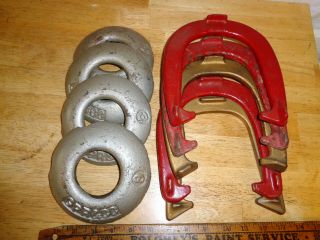 Vintage Pitching Horseshoes & Quoits (5) Shoes & (4) Quoits - Steel & Iron