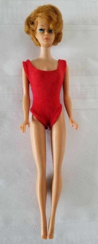 1962 Mattel Bubble Cut Barbie Midge Doll Titian Hair Peachy Lips Red Swimsuit