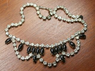 Vintage Retro Black & Clear Rhinestones Draping Prom Style Choker Necklace 15 "