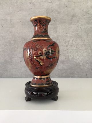 Vintage Chinese Chestnut/gold/ Black Brass Cloisonne Vase Dragon Patterned