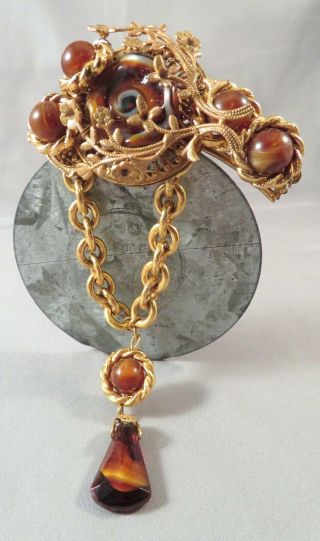 Rare Vintage 3 " X 5 1/2 " Miriam Haskell Poured Art Glass Dangle Filigree Brooch