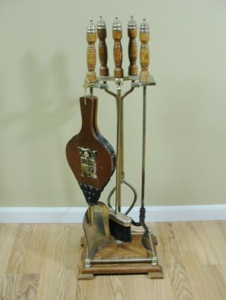 Vintage Brass Tone & Wood Fireplace Tools 6 Piece Set Hardwood W/ Bellows