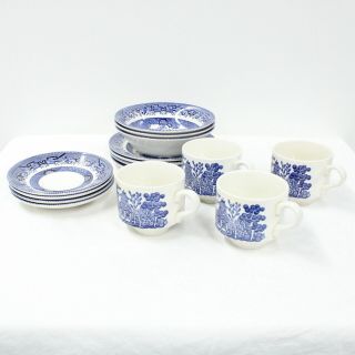 Vintage Churchill Blue Plates Bowls Cups 17 Piece Set Made In England 311
