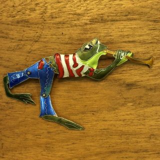 Vintage Sterling Silver Enamel Cloisonné Articulated Frog Leg Pin Brooch