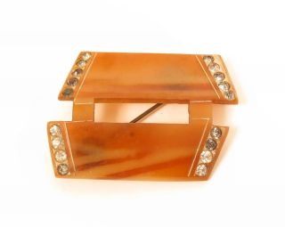 Vintage Old Plastic Celluloid? Amber Colored Rhinestone Art Deco Brooch Pin F328