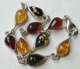 Fine Vintage Sterling Silver Baltic Honey Amber Chain Link 7 3/8 " Bracelet
