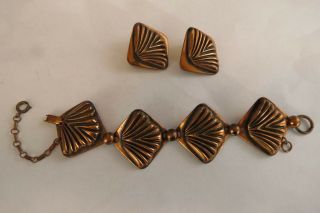 Vintage Copper Link Bracelet & Clip Earrings Modernist Mid - Century Chunky