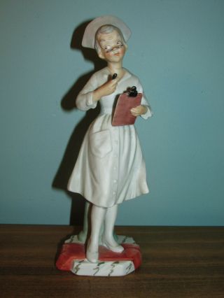 Vintage 7 1/2 " Bisque Porcelain Nurse Figurine Statue Clipboard Older 5969 6969