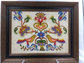 Vtg 70s Crewel Hand Embroidered Wooden Framed Colorful Bird Floral Picture