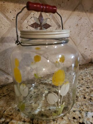 Vtg Tulips Gallon Glass Pickle Coffee Barrel Jar W Lid Wire Bail & Wood Handle