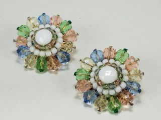 Vintage Multi Color Pastel Milk Glass Bead Earrings Western Germany Clip On Huge