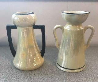 2 Vintage Czech Czechoslovakia 5 1/4 " Iridescent Luster Double Handled Vases