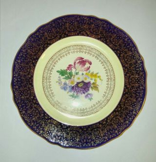 Steubenville 11 " Dinner Plate 2049 Dark Blue/gold Trim Floral Vintage