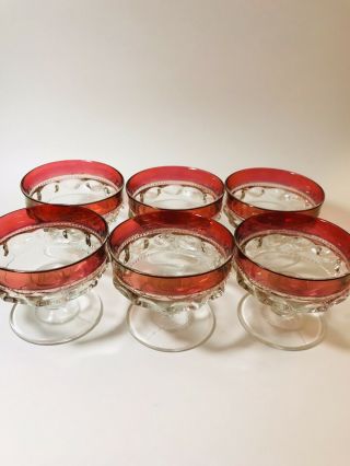 6 Kings Crown Vintage Ruby Red Flash Thumbprint Footed Bowls Sherbets