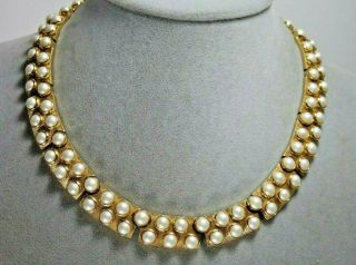 Vintage Trifari Gold Tone Fx Pearl Cabochon Choker Necklace Signed