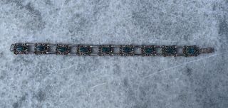 Vintage Sterling Silver Mexico Taxco Turquoise Panel Link Bracelet Early Signed