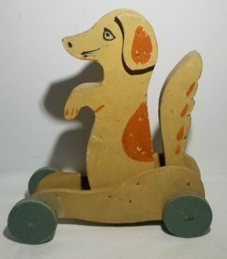 Vtg 1930s Handmade Wooden Dog W/ Wagging Tail Push Toy Prim Cottage Folk Art Toy
