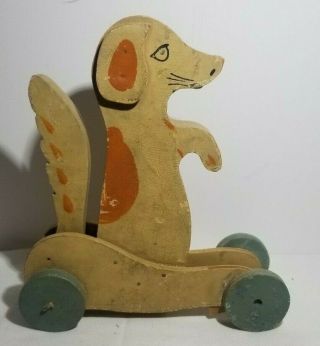 VTG 1930s Handmade Wooden Dog w/ Wagging Tail Push Toy Prim Cottage Folk Art Toy 2