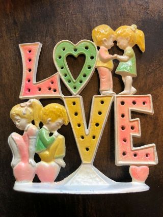 Vintage Revere Mfg Earring Tree Holder Love Boy And Girl Yellow And Green