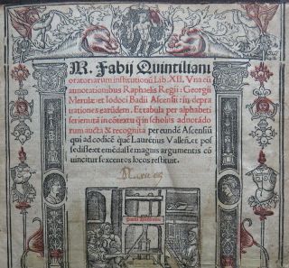 Post - Incunable Quintiliani 1516 Oratoriarum Institutionum Woodcuts Badius