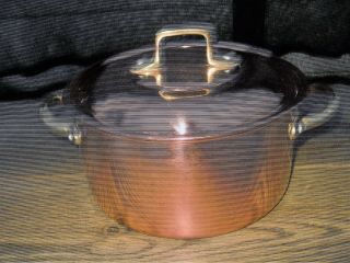 Vintage French Copper Cuisine Kitchen Casserole Stew Pan,  Lid Brass Handle 2.  Lt