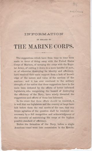 U S Marine Corps / Information In Regard To The Marine Corps 1900