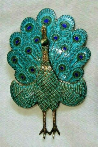 Vintage Siam Sterling Silver & Blue Enamel Peacock 2.  5 " Pin Or Brooch