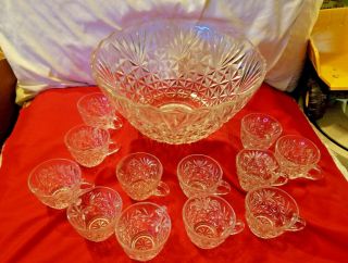 Glass Punch Bowl Set Arlington Sparkling Crystal Clear Anchor Hocking Vintage 3