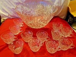 Glass Punch Bowl Set Arlington Sparkling Crystal Clear Anchor Hocking Vintage 5