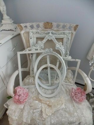 (6) Pc.  Shabby Vintage Chippy White Barbola Rose Swag & Mixed Picture Frame Set