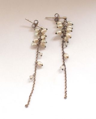 Fine 925 Sterling Silver Long Drop Real Pearl Stud Earrings Vintage