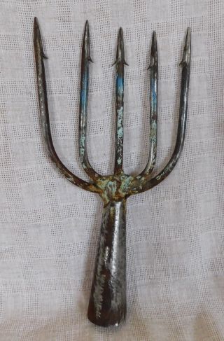 Vintage 5 - Tine Barbed Fish Frog Gig Tool Spear Head Hand Forged Fishing Tool