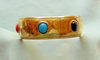Vintage Multi - Color Glass Cabochon Etched Gold Tone Brass Bangle Bracelet