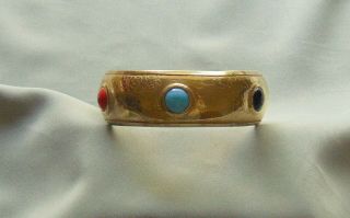 Vintage Multi - Color Glass Cabochon Etched Gold Tone Brass Bangle Bracelet 3