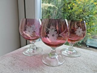 Bohemia Crystal Brandy Glasses Pink Cranberry Etched Floral Glasses X 3 Vtg 4 " H