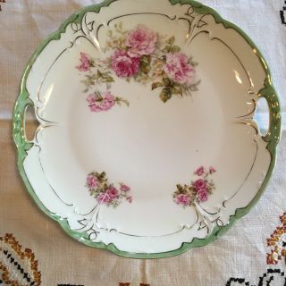 Vtg German Green White Lusterware 2 Handled Cake Plate Flowers Pink Roses Gold