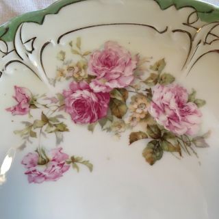 Vtg German Green white Lusterware 2 Handled Cake Plate Flowers Pink Roses Gold 2