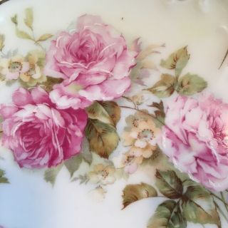 Vtg German Green white Lusterware 2 Handled Cake Plate Flowers Pink Roses Gold 3