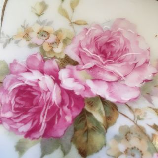 Vtg German Green white Lusterware 2 Handled Cake Plate Flowers Pink Roses Gold 4