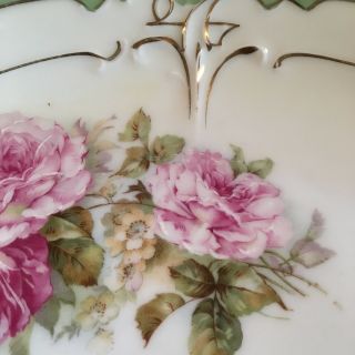 Vtg German Green white Lusterware 2 Handled Cake Plate Flowers Pink Roses Gold 5