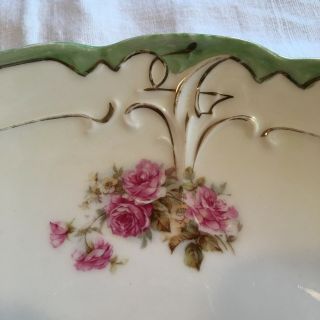 Vtg German Green white Lusterware 2 Handled Cake Plate Flowers Pink Roses Gold 7