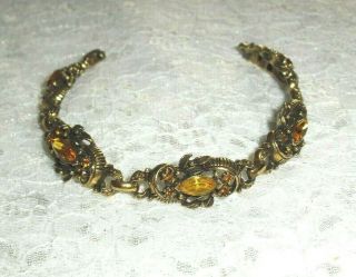 Vintage Coro Antiqued Gold Victorian Style Bracelet With Topaz Marquise Stones