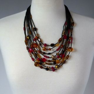 Vintage Jay S Jay Strongwater Multi - Strand Amber Tigers Eye Red Bead Necklace