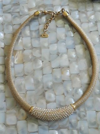 Vintage 1980s Designer Signed Christian Dior Gold Rhinestone Cable Necklace