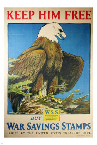 Keep Him Ww1 Vintage Usa Poster Eagle Planes War Savings Stamps 24x36