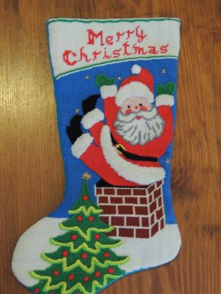 Vtg Complete Finished Handmade 16 " Needlepoint Christmas Stocking Holiday Santa