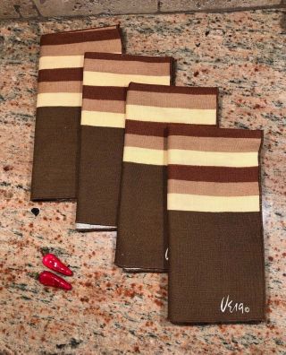 Set Of 4 Vintage Vera Neumann Signed Napkins Geometric Brown & Tan Stripe Design