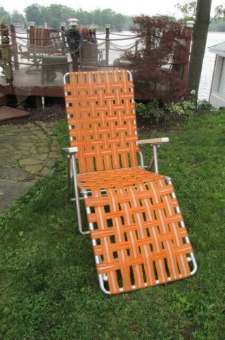 Vtg Orange Aluminum Folding Lawn Chaise Lounge Chair Webbing Patio Camping